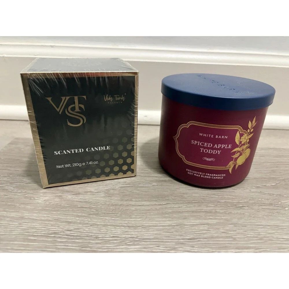 Set of 2 Scented Candles White Barn 3 Wick Spiced Apple Toddy Apple Cider